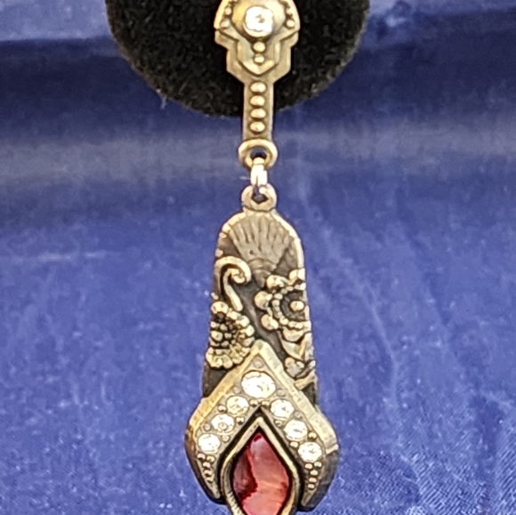 1980s Duri Abalone Shell Rhinstone Pewter Dangle Chandelier Pierced Earrings - Picture 4 of 11